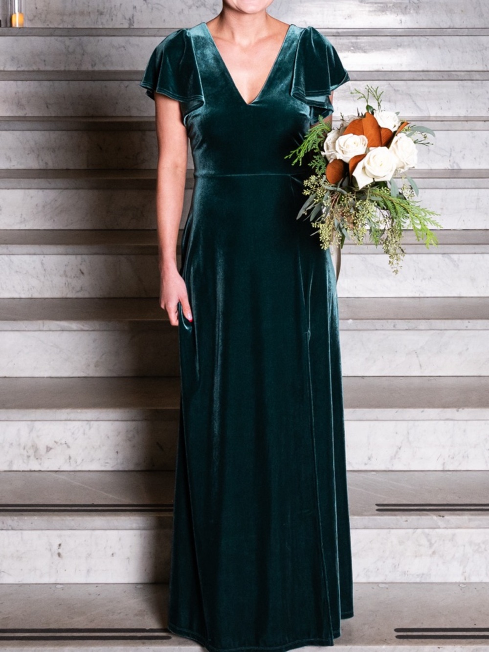 Birdy Grey Deep Green Velvet V-Neck Maxi with Flutter Sleeves